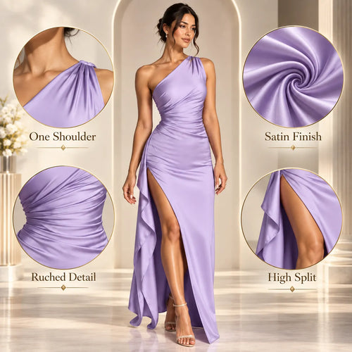 Women’s One Shoulder Ruched Satin Maxi Dress