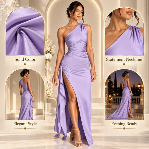 Women’s One Shoulder Ruched Satin Maxi Dress