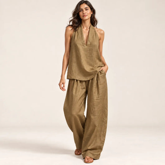Women’s V Neck Linen Two Piece Set