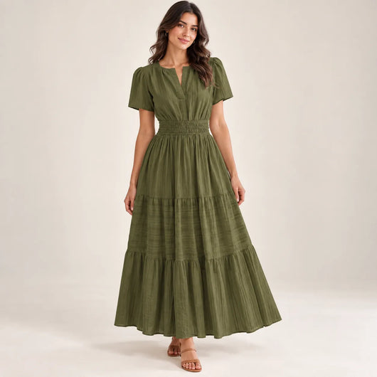 Women’s V Neck Elastic Waist Maxi Dress