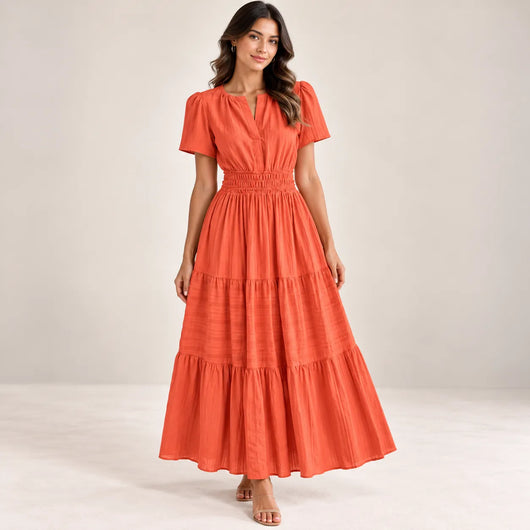 Women’s V Neck Elastic Waist Maxi Dress