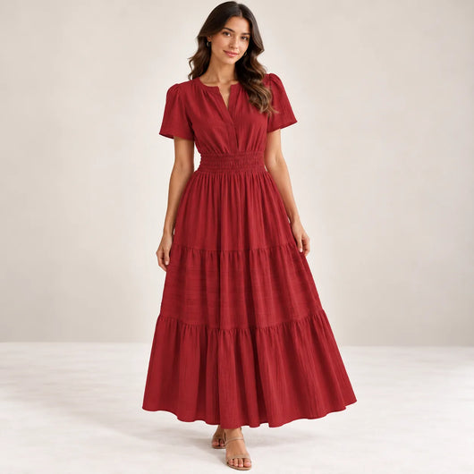 Women’s V Neck Elastic Waist Maxi Dress