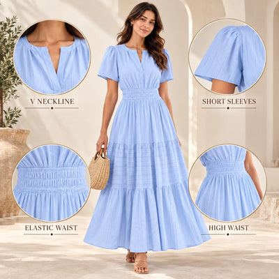 Women’s V Neck Elastic Waist Maxi Dress