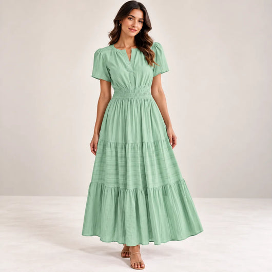 Women’s V Neck Elastic Waist Maxi Dress