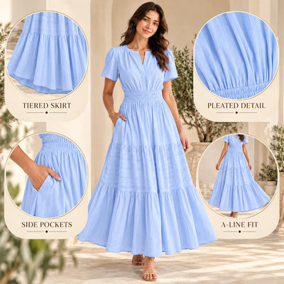 Women’s V Neck Elastic Waist Maxi Dress