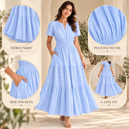 Women’s V Neck Elastic Waist Maxi Dress