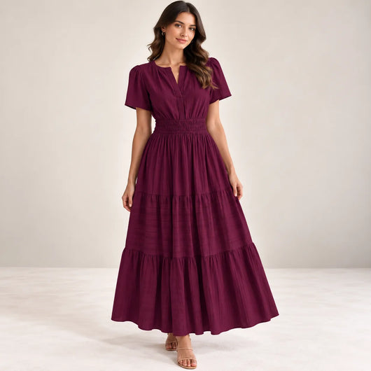 Women’s V Neck Elastic Waist Maxi Dress