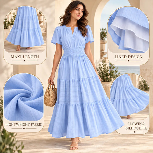 Women’s V Neck Elastic Waist Maxi Dress