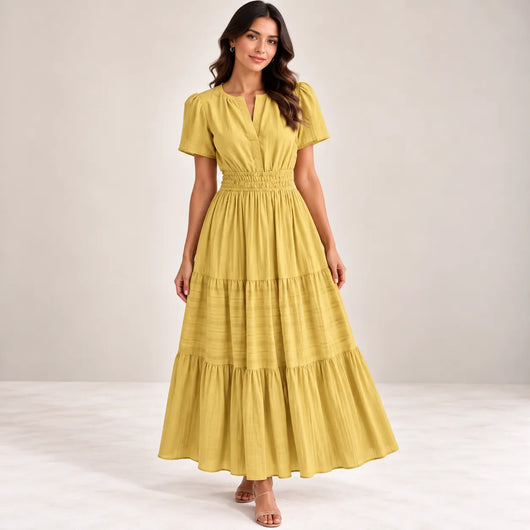 Women’s V Neck Elastic Waist Maxi Dress