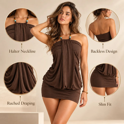 Women's Summer Halter Ruched Mini Party Dress