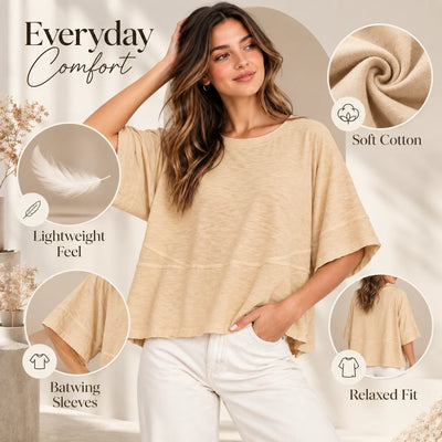 Women's Summer Casual Crewneck Batwing Loose Fit Top