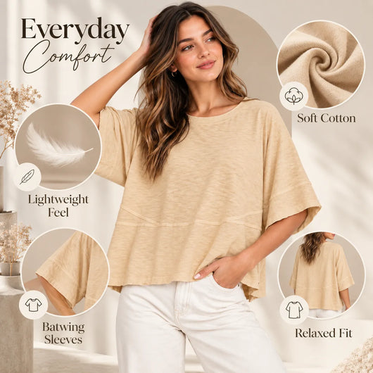 Women's Summer Casual Crewneck Batwing Loose Fit Top
