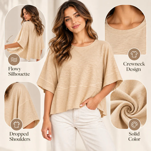 Women's Summer Casual Crewneck Batwing Loose Fit Top