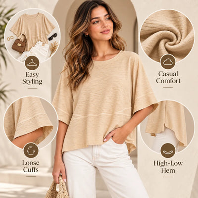 Women's Summer Casual Crewneck Batwing Loose Fit Top
