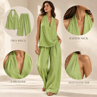 Women’s V Neck Linen Two Piece Set