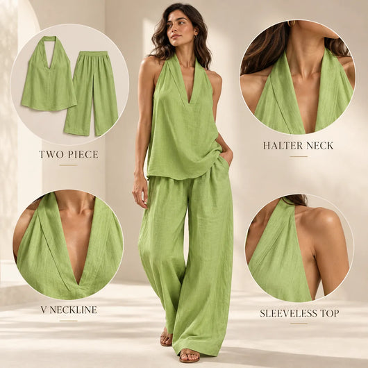 Women’s V Neck Linen Two Piece Set