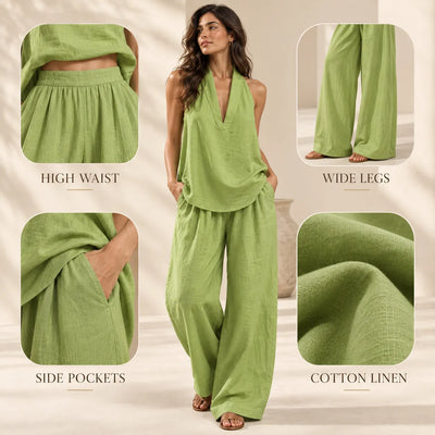 Women’s V Neck Linen Two Piece Set