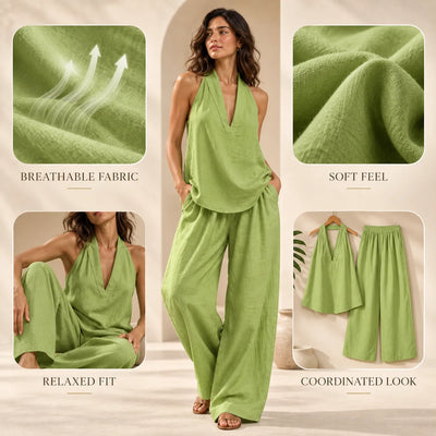 Women’s V Neck Linen Two Piece Set